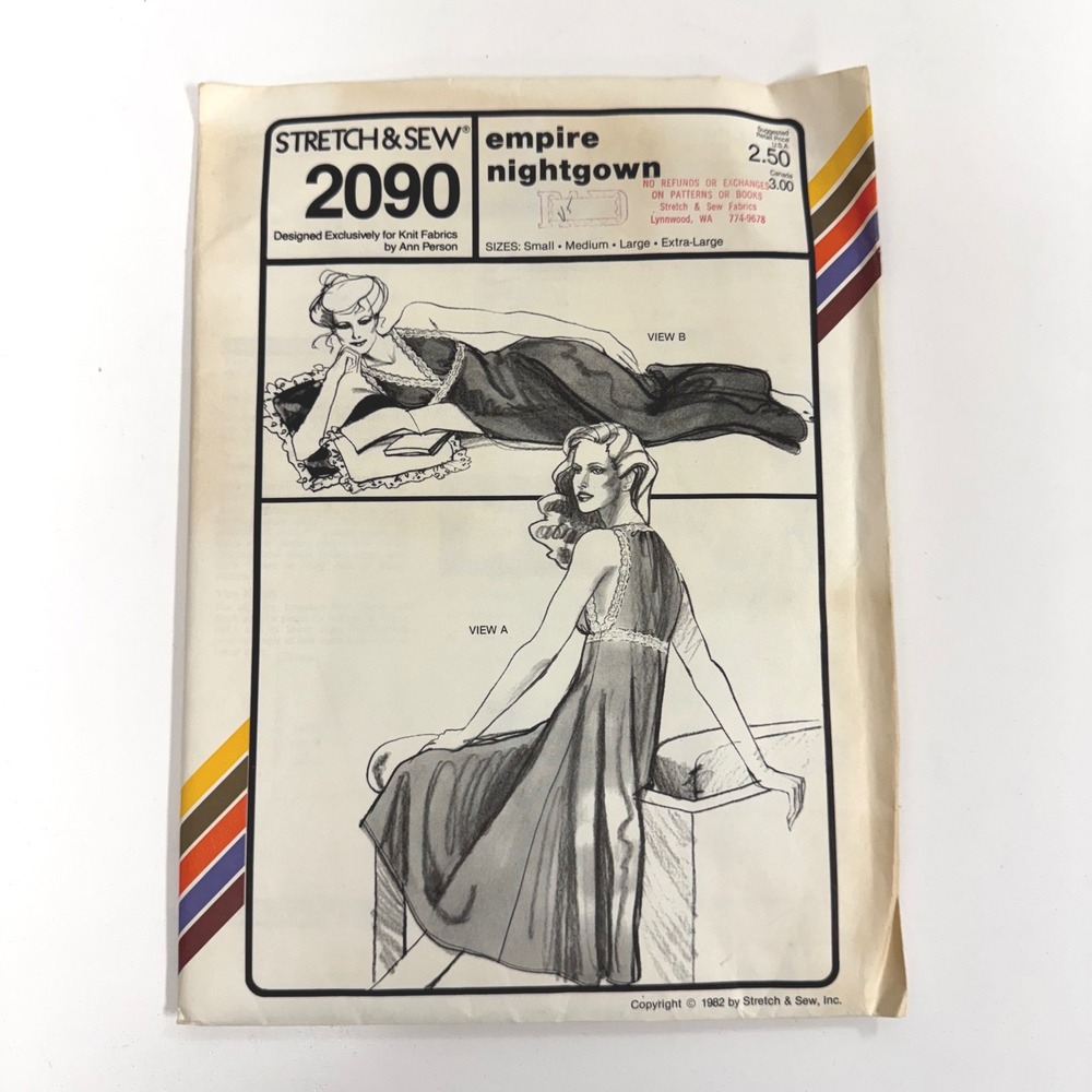 Vintage 1982 Stretch & Sew 2090 Empire Waist Nightgown Sewing Pattern S-XL UNCUT